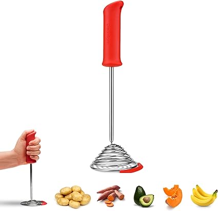 Dreamfarm Smood | One-Handed Stainless-Steel Vegetable & Potato Masher with Soft Grip and Bowl Scraper | Red
