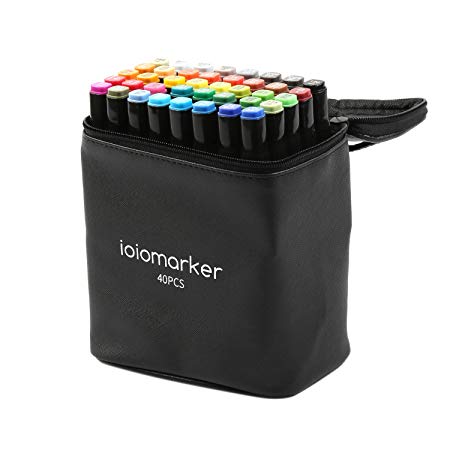 ioiomarker 40 Colors Permanent Marker pen, Alcohol-Based Dual Tip Markers with Broad and Fine Point Tips for Draw/Sketch/Illustrate/Design, Classic Black Leather Gift Bag(Student)
