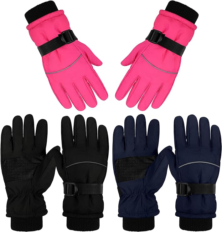 Cooraby 3 Pairs Kids Winter Ski Gloves Waterproof Warm Snow Gloves Thick Windproof Unisex Mitten Gloves for Girls Boys