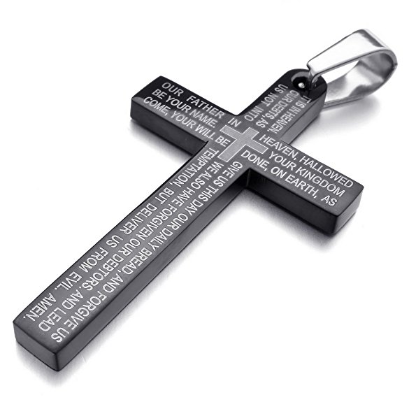 INBLUE Men's Stainless Steel Pendant Necklace Cross English Bible Lords Prayer -With 23 Inch Chain