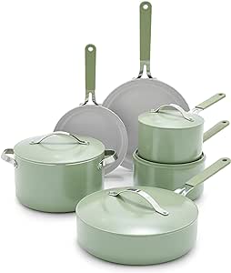 GreenLife Dream 10 Piece Healthy Ceramic Nonstick Cookware Set, Pots and Frying Sauce Saute Pans Set, PFAS-Free, PFOA-Free, Dishwasher Safe, Oven Safe, Stay-Cool Handle, Sage Green