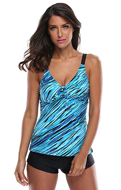 ATTRACO Women's Stripes Print Tankini Swimsuits Modest 2 Piece Swimwear Set