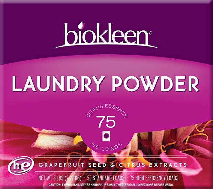 Biokleen Laundry Detergent Powder, Concentrated, Eco-Friendly, Non-Toxic, Plant-Based, No Artificial Fragrance, Colors or Preservatives, Citrus Essence, 5 Pounds - 75 HE Loads/50 Standard Loads
