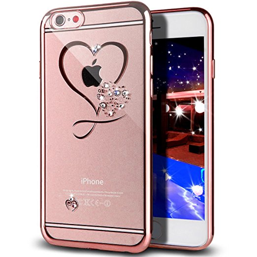 iPhone 6S Case,iPhone 6 Case,ikasus Mini Love Heart Glitter Bling Crystal Rhinestone Diamonds Clear Rubber Rose Electroplate Plating Frame TPU Soft Silicone Bumper Case Cover for iPhone 6/6S 4.7"