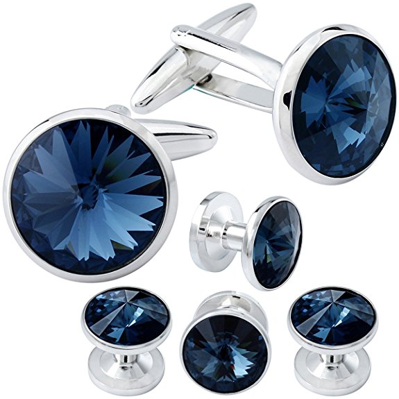 HAWSON Cufflink and Studs Tuxedo Set Silver Color with Swarovski Crystals in Jet Hematite, Blue, Crystal Grey and Purple