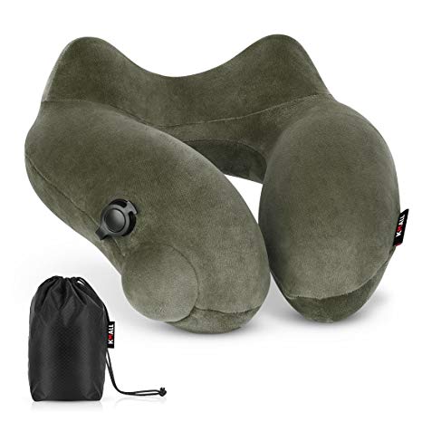 Kmall Sleep Travel Pillow Inflatable Neck Pillows for Airplanes Travel Top Comfortable 6D Cervical Neck Support Pillow for Neck Pain Sleeping with Machine Washable Travel Pillow Case - Army Green