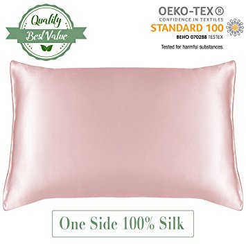 MYK 100% Pure Natural Mulberry Silk Pillowcase, 19 Momme with Cotton underside for Hair & Facial Beauty, King Size 20"x36", Pink, 1pc