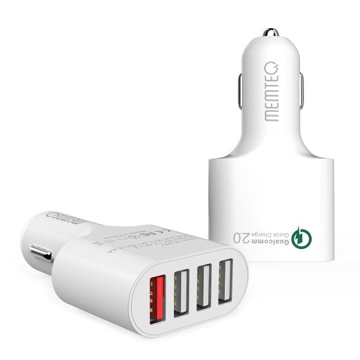 Qualcomm Certified MEMTEQ Quick Charge 20 51W 4-Port Multi USB Rapid Car Charger with Auto Detect Tech for iPhone 6siPhone 6s Nexus 5x6p and Other Devices White