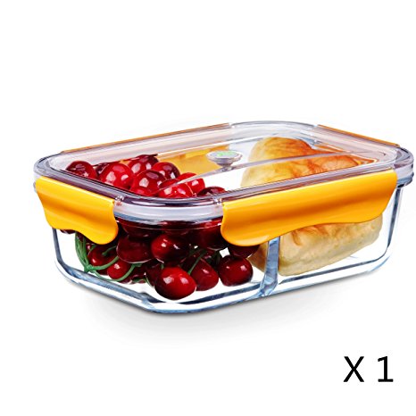 Food Storage Container, Glass Meal Prep Container 2 Compartment Airtight Food Container, Bento Lunch Box, Lunch Container, BPA-Free, Microwave, Oven, Freezer, Dishwasher Safe [53.3oz, Orange]