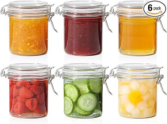 ComSaf 8oz Small Airtight Glass Jars Set of 6 with Lids Food Storage Jar Round - Mini Storage Container with Clear Preserving Seal Wire Clip Fastening for Kitchen Canning, Jam, Spice, Honey, Mason Jar