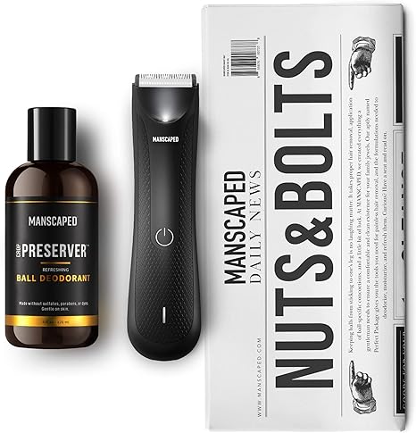 MANSCAPED™ Nuts and Bolts 3.0, Men's Grooming Kit, Includes The Lawn Mower™ 3.0 Ergonomically Designed Powerful Waterproof Trimmer, The Crop Preserver™ Ball Deodorant and Disposable Shaving Mats