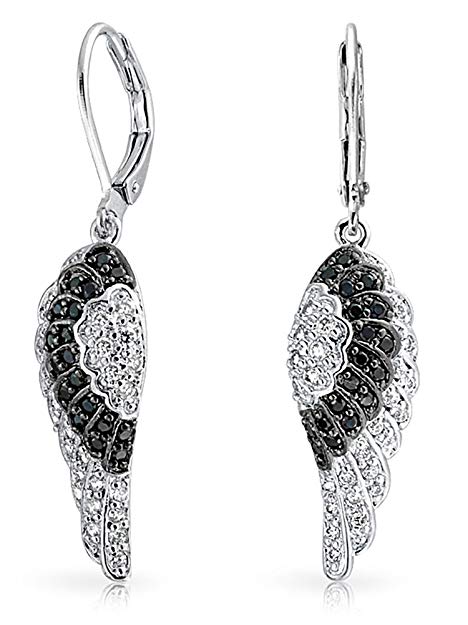 Guardian Angel Wing Feather Cubic Zirconia Black White CZ Leverback Earrings For Women Silver Plated Brass