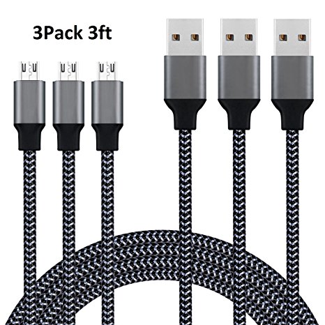 Micro USB Cable,Xcords 3 Pack 3Ft Micro USB to USB 2.0 Cable, Nylon Braided Cord for Android/Windows/Camera/MP3 More(Carbon Black)