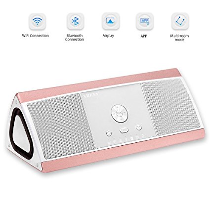 WiFi Speaker with App, Airplay/ DLNA connection,XREXS Wireless Bluetooth Stereo Speaker with Subwoofer Bass,Multi Room Play, 8WX2 Output,Built-in Mic Hands Free for Apple iphone Laptop (Rose Gold)