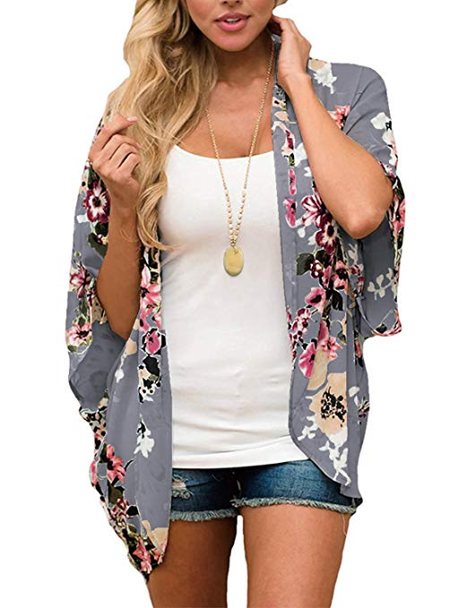 Women Floral Kimono Cardigan Chiffon Casual Loose Open Front Cover Up Tops (26 Types)