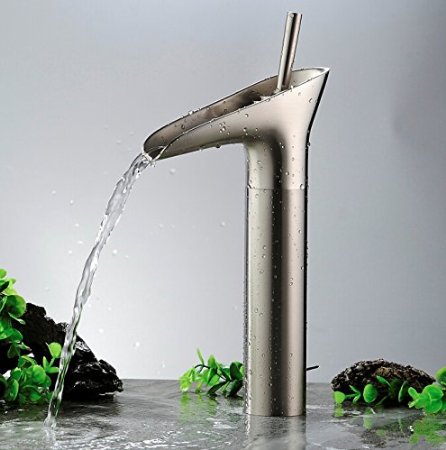 Aquafaucet Single Handle Centerset Waterfall Bathroom Sink Faucet, Basin Lavatory Vanity Mixer Tap, Nickel Brushed