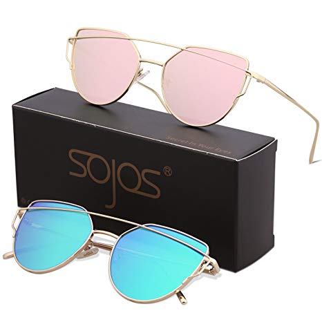 SOJOS Cat Eye Mirrored Flat Lenses Street Fashion Metal Frame Women Sunglasses SJ1001