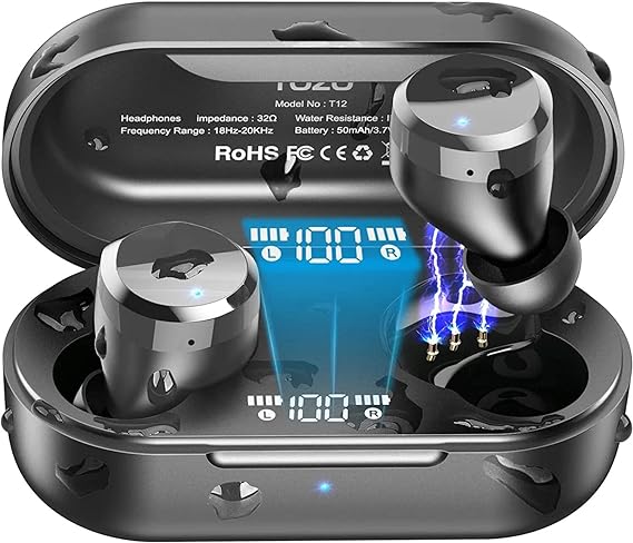 TOZO T12 Wireless Earbuds Bluetooth Headphones Premium Fidelity Sound Quality Wireless Charging Case Digital LED Intelligence Display IPX8 Waterproof Earphones Built-in Mic Headset for Dark Black