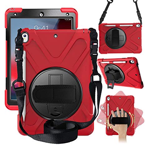 ipad 10.5 Case for iPad Air 3rd Generation 10.5" 2019 / iPad Pro 10.5 2017, Heavy Duty Shockproof Rugged Case with Pencil Holder, 360 Degree Rotating Hand Strap/Kickstand and Shoulder Strap (red)