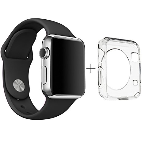 Apple Watch 38mm Band, ClockChoice Silicone Strap Sport Replacement Kit for iWatch, BLACK| Bonus Case Included | No adapter needed | Includes 3 Pieces, for 2 Lengths | For Women and Men Use