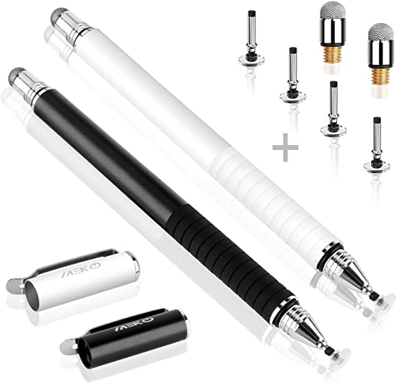 MEKO Universal Stylus,[2 in 1 Precision Series] Disc Stylus Touch Screen Pens for All Capacitive Touch Screens Cell Phones, Tablets, Laptops Bundle with 6 Replacement Tips - (2 Pcs, Black/White)