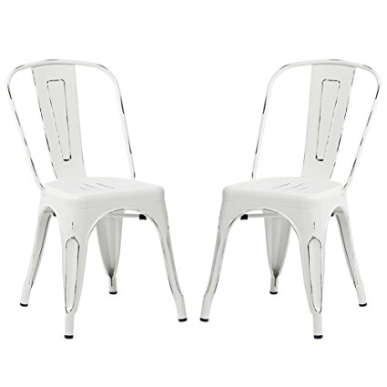 VIVA HOME Distressed Stackable Metal Dining Chair, Indoor/Outdoor Chair, Set of 2, White