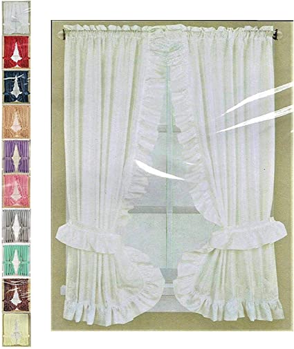 Better Home Ruffled Fabric Window Curtain Set, Mosaic - 2 Tie Backs - Adhesive Hooks (White)