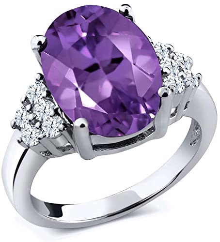 Gem Stone King Sterling Silver Purple Amethyst & White Topaz Gemstone Women's Ring 4.90 cttw 14x10mm Oval (Available 5,6,7,8,9)