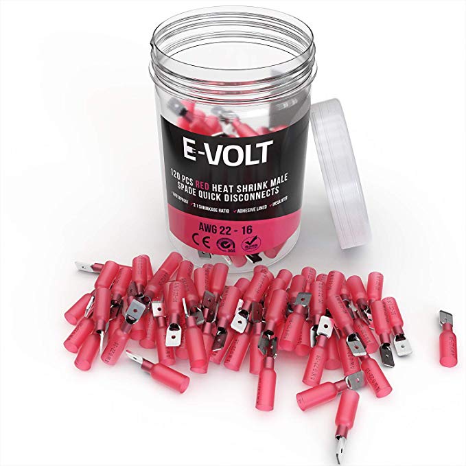 E-VOLT Male Spade Crimp Connectors– 120 PC Red Quick Disconnect 3:1 Heat Shrink Ratio Insulated 22-16 AWG Wire Connecting Terminals – Industrial Grade Automotive, Audio and Marine Crimp Connectors