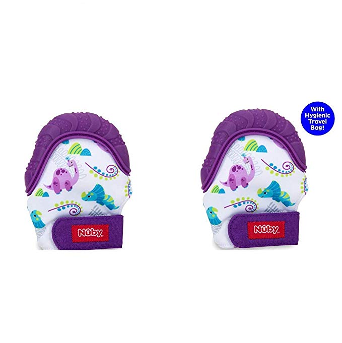 Nuby Soothing Teething Mitten with Hygienic Travel Bag (2 Pack, Purple)