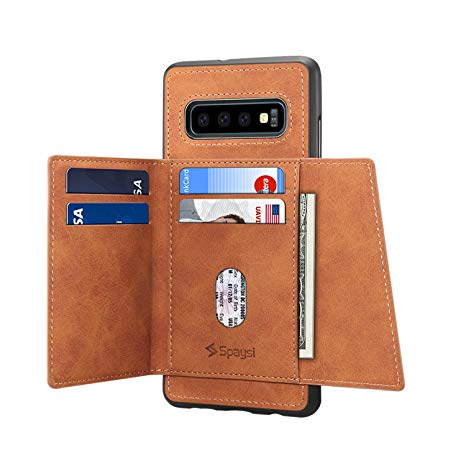 Samsung Galaxy S10 Card Holder Case S10 Wallet Case Bifold Slim, Spaysi Galaxy S10 Folio Leather case, Flip Cover, Gift Box, for S10 (Brown)
