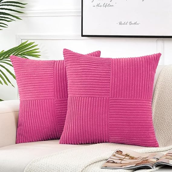 Fancy Homi 2 Packs Hot Pink Decorative Throw Pillow Covers 18x18 Inch for Living Room Couch Bed Sofa, Rustic Farmhouse Boho Home Decor, Soft Corss Corduroy Patchwork Textured Cushion Case 45x45 cm