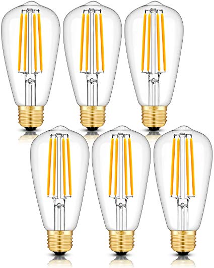 CRLight 8W Dimmable LED Edison Bulb 80W Equivalent 800LM, 3200K Soft White E26 Medium Base, Vintage Style Clear Glass ST64 Lengthened Filament LED Light Bulbs, Smooth Dimming Version, 6 Pack