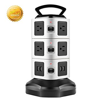 Power Strip,Demacia 10 AC Outlet Surge Protector With 4 USB Port Charger 110-250V Charging Station Smart Power 3 Layers Socket Tower With 9.8 ft Extendable Cord (black & white)