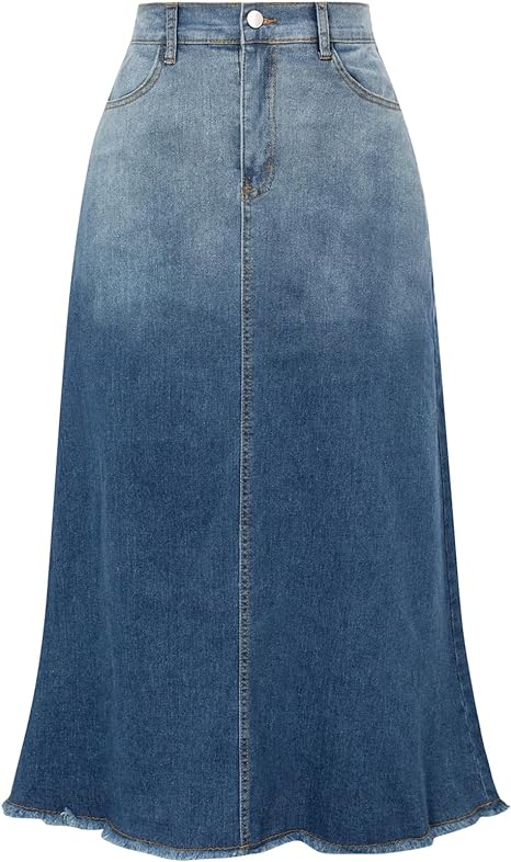 Belle Poque Vintage Denim Skirts for Women Elastic High Waist Frayed Raw Hem A-Line Maxi Long Jean Skirts with Pockets