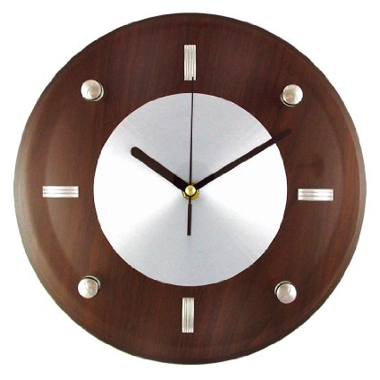 Timekeeper 11-Inch Round Espresso Brown Woodgrain Wall Clock with Silver Accents and Raised Glass Cover