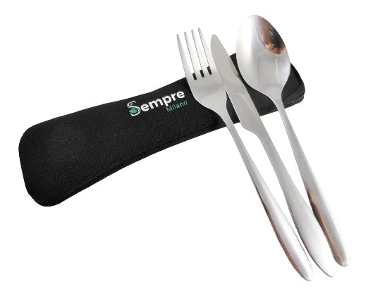 3 Piece Stainless Steel Utensil Set (Knife Fork Spoon) in Case to Go, Portable Camping Cutlery Mess Kit with Lightweight Neoprene Pouch