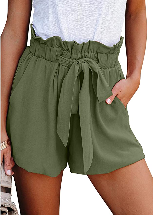 Dokotoo Womens Casual Summer Ruffle Belted Elastic Waist Shorts with Pockets