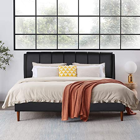 VECELO Leather Queen Size Upholstered Platform Bed with PU headboard, Solid Wooden Slat Support No Box Spring Needed, Black PU