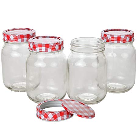 Lily's Home Classic Regular Mouth Glass Mason Jars with Checkered Lids and Bands, Use as Jelly or Storage Jars, Ideal for Homemade Sauces, Pickles, Candles, or Tea (16 oz. Capacity, Pack of 4)