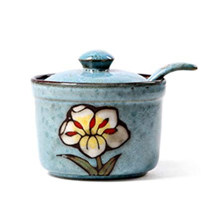 Ceramics Retro Flower Sugar Bowl with Lid and Spoon 5.5 Ounces Blue
