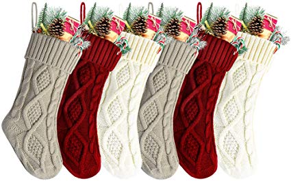 Kunyida 14 Inches Burgundy, Ivory, Khaki Knitted Christmas Stockings,6 Pack