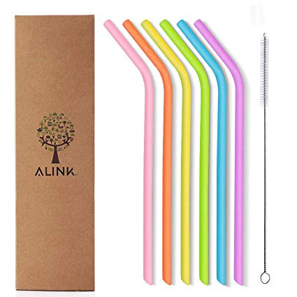 ALINK Reusable Silicone Straws, 10” Long Skinny Tumbler Replacement Straws for 20 oz 30 oz Yeti/Rtic/Starbucks/Tervis/Ninja/Ozark Trail/Aladdin/Mason Jar, Set of 6 with Cleaning Brush