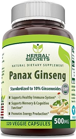 Herbal Secrets Panax Ginseng 500 mg 120 Veggie Capsules Supplement - Supports a Healthy Immune System - Supports Cognition and Memory