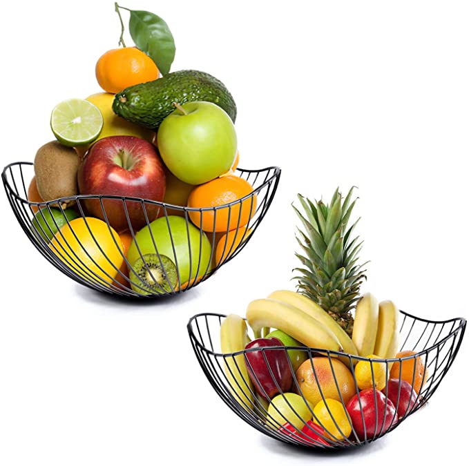 Fasmov 2 Pack Metal Wire Countertop Fruit Storage Basket Stand for for Bread, Snacks, Households Items Storage, Black