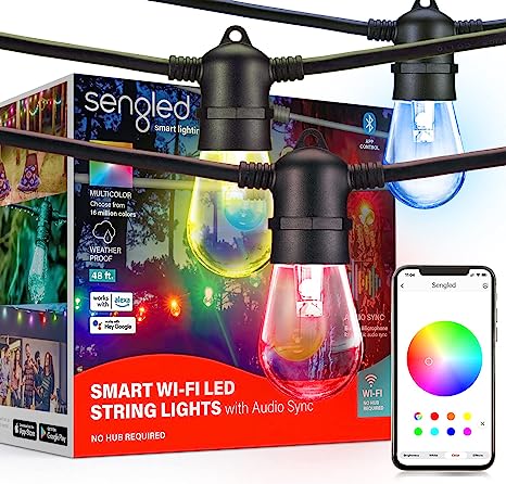 Sengled Outdoor String Lights, 48ft RGB Patio Lights with 15 Dimmable IP65 Waterproof LED Bulbs,WiFi Bluetooth APP Control, Smart Color Changing String Lights Work with Alexa Google for Party Backyard