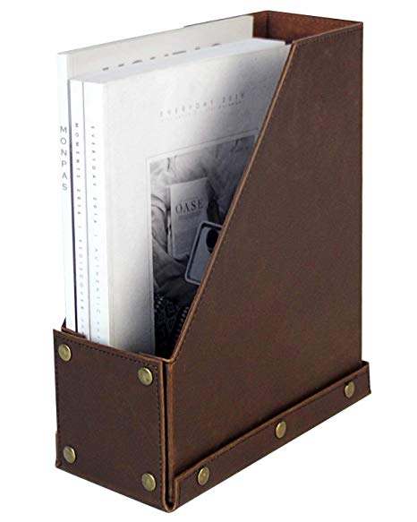 HofferRuffer Magazine Holder, Foldable Magazine Rack, PU Leather Desktop Organizer for Document File Folder, Great for Table, Reception Desk, Home or Office, 4.5 x 10 x 12 inches, Brown