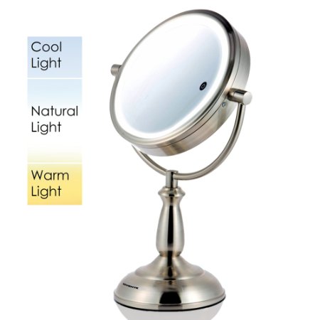 Ovente MPT85BR Multi Touch Tabletop Makeup Mirror with 3 Tone LED Light Option, 8.5 inch, 1x/10x Magnification, Brushed