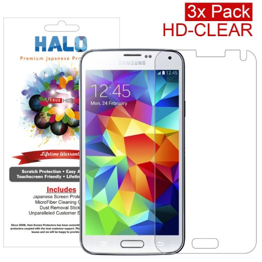 Halo Screen Protector Film High Definition (HD) Clear (Invisible) for Samsung Galaxy S5 (3-Pack) - Lifetime Replacement Warranty