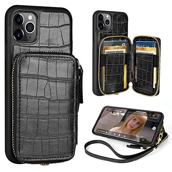iPhone 11 Pro Max Wallet Case,ZVE iPhone 11 Pro Max Case with Credit Card Holder Slot Zipper Purse with Wrist Strap Leather Case for Apple iPhone 11 Pro Max 6.5 inch - Crocodile Skin Pattern Black